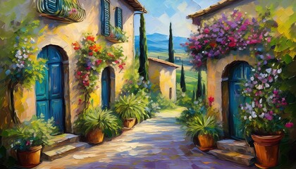 Italy Tuscany Mediterranean alley in Oil painting art style