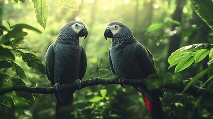 Obraz premium Two parrots perch on a tree branch in a sunlit forest, with leaves casting dappled shadows behind them