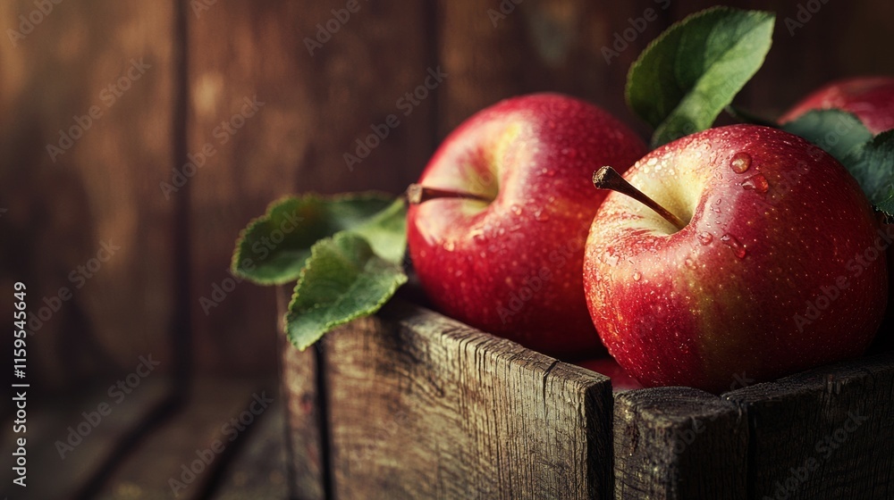 Poster fresh red apples in a rustic setting