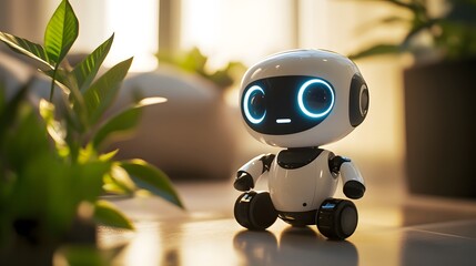 Adorable Robot Companion Sitting Near Houseplants