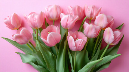 Cheerful and vibrant floral composition of pink tulips on a pink background, ideal for celebrating easter or the arrival of spring