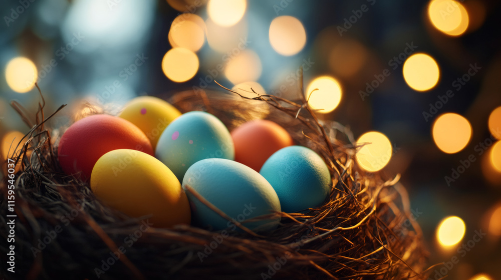 Poster easter eggs placed in a snug and inviting setting, setting a festive and cozy mood
