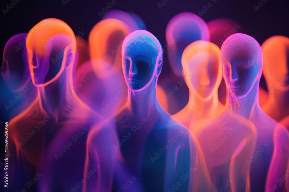 Poster colorful abstract faceless avatars creating a sense of mystery and depth in a vibrant atmosphere wit