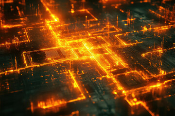 Glowing orange circuits illuminate a futuristic technological landscape, showcasing intricate network pathways.