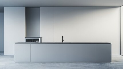 Modern minimalist kitchen island with minimal decor. Featuring a clean, open design with sleek lines