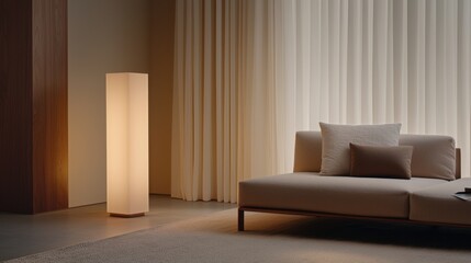 Ruhiges, modernes Wohnzimmer mit sanfter Beleuchtung und minimalistischem Dekor