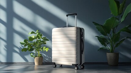 White suitcase stands in a room with plants, sunlit.