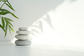 A serene arrangement of balanced stones on a minimalist surface, complemented by green leaves casting gentle shadows, creating a peaceful atmosphere.