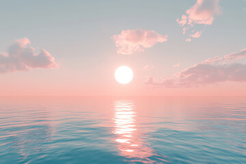 A serene sunset over calm waters, blending soft pink and blue hues in the sky, creating a tranquil and picturesque landscape.