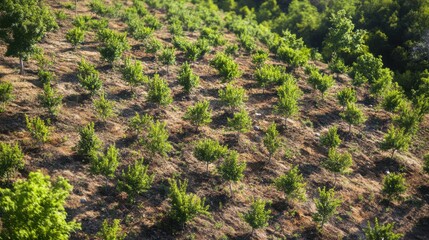 Young Trees Growing in Reforestation Project in Forest Area