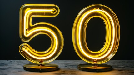 Glowing neon sign of number 50 on dark background representing half century in yellow light
