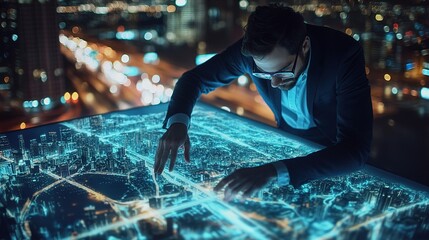 A businessman interacts with a digital map displaying city lights at night, showcasing advanced technology and urban planning.