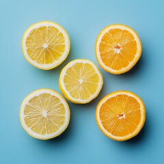 Obraz premium Halved lemons and oranges on blue background.