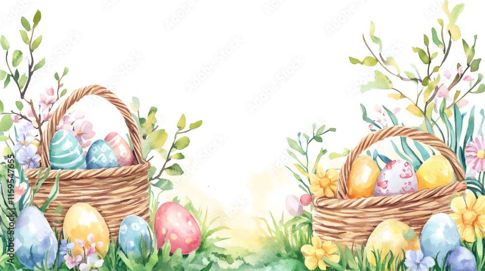 Poster easter baskets overflowing with colorful decorated eggs in a vibrant spring meadow with blooming flo