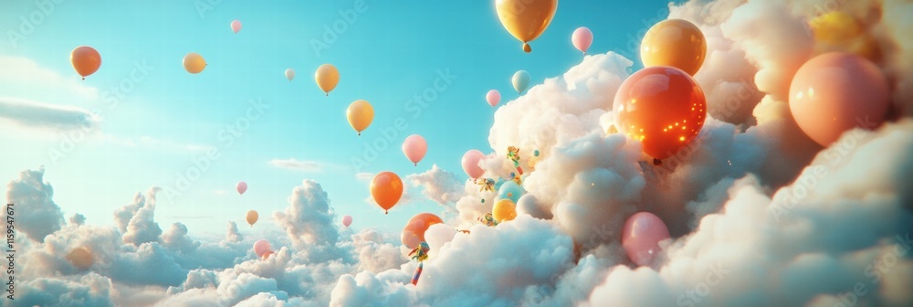 Poster colorful balloons float gracefully in a clear blue sky above fluffy white clouds creating a joyful a