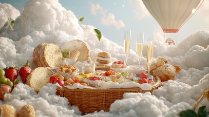 Sunday brunch adventure in a hot air balloon scenic clouds food display captivating atmosphere