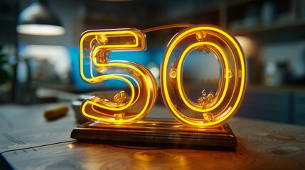 Glowing neon sign of number 50 in yellow on dark background, celebrating half century milestone