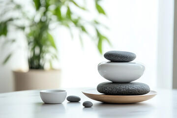 A tranquil setting featuring stacked stones and a small bowl, symbolizing harmony and balance in a calming interior space surrounded by greenery.