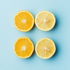 Two lemon and two lime halves on blue background.