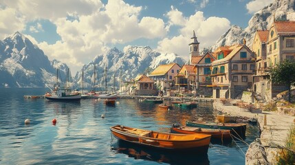 A picturesque lakeside village with vibrant houses, boats, and majestic mountains under a bright sky.
