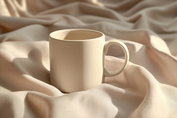Mockup of a simple coffee mug resting on a light beige fabric surface in soft natural light