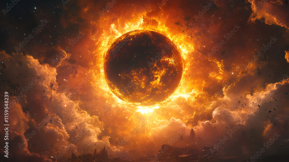 Poster planet exploding in a fiery spectacle, surrounded by orange clouds and space rocks, creating a drama