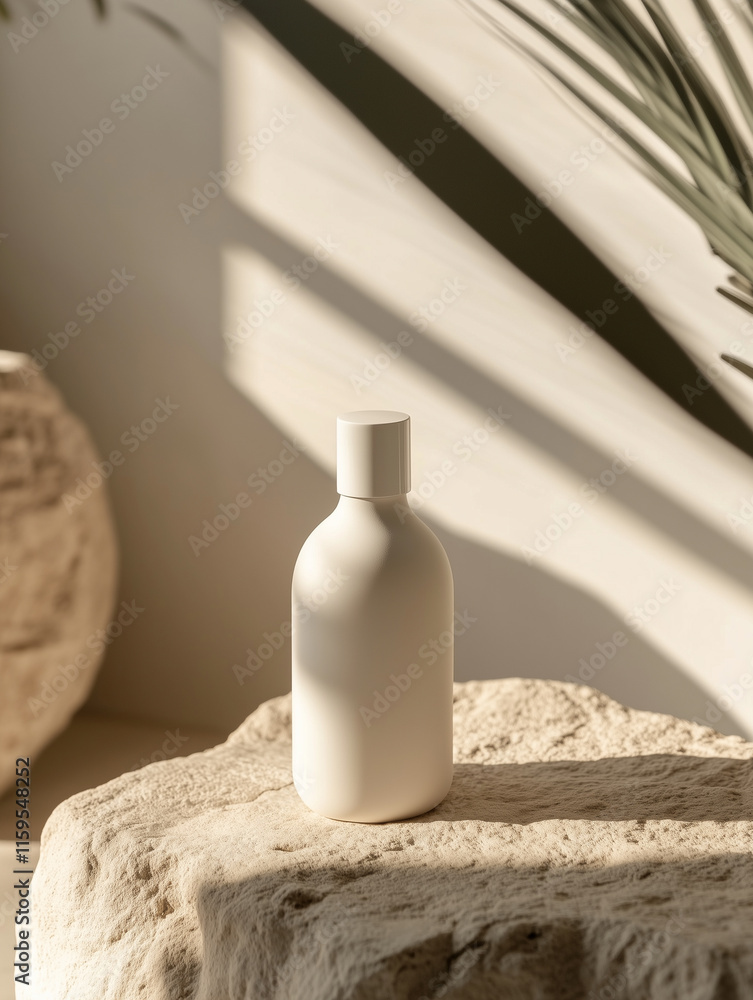 Poster minimalist bottle mockup situated on a textured stone in a serene, sunlit environment with soft shad