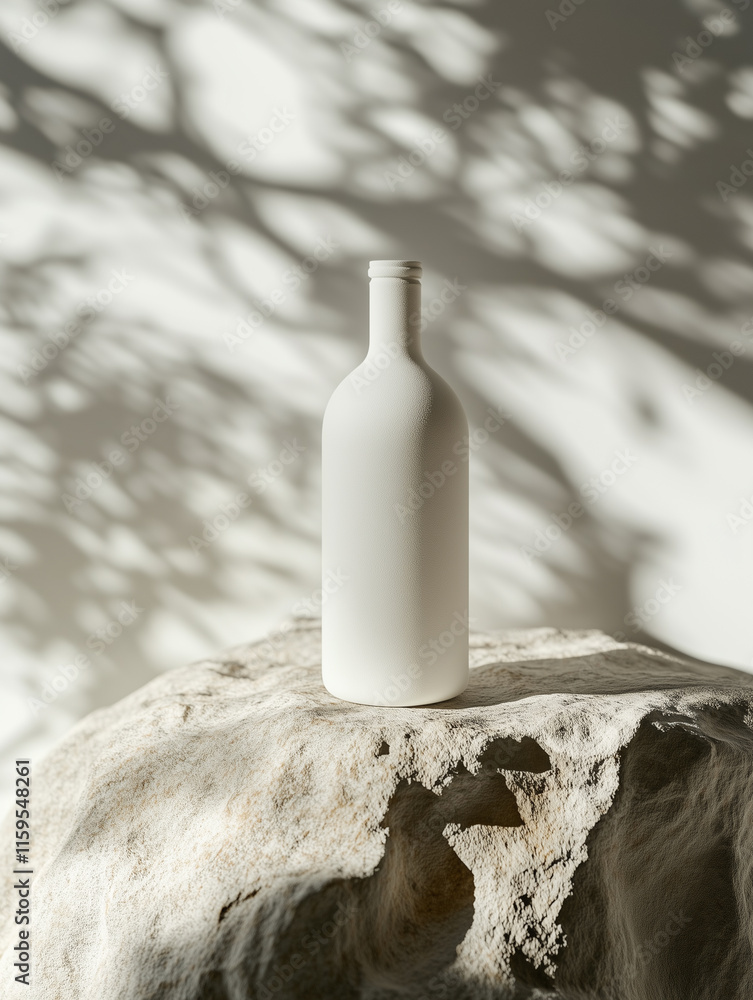 Poster minimalist bottle mockup on stone with natural shadow patterns cast on a light background