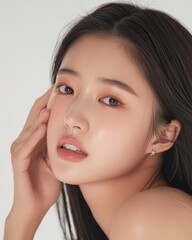 Fototapeta premium Elegant asian woman portrait studio setting beauty minimalist environment close-up focus unique aesthetic