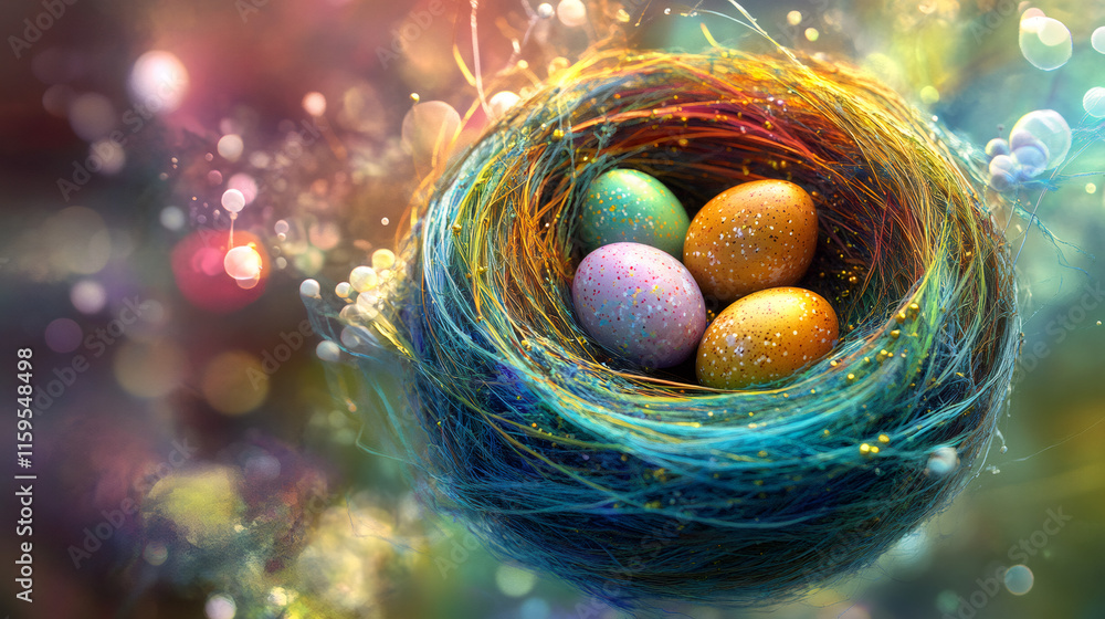 Poster Easter eggs in a glittery nest with sparkling bokeh lights, creating a festive and magical scene