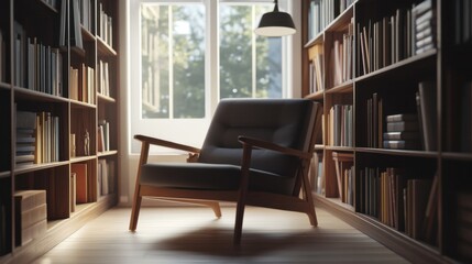 Modern minimalist library nook with minimal decor. Featuring clean lines and a cozy setup