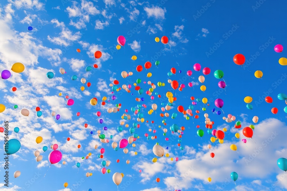 Poster colorful balloons float freely in a clear blue sky during a bright day, creating a joyous and vibran