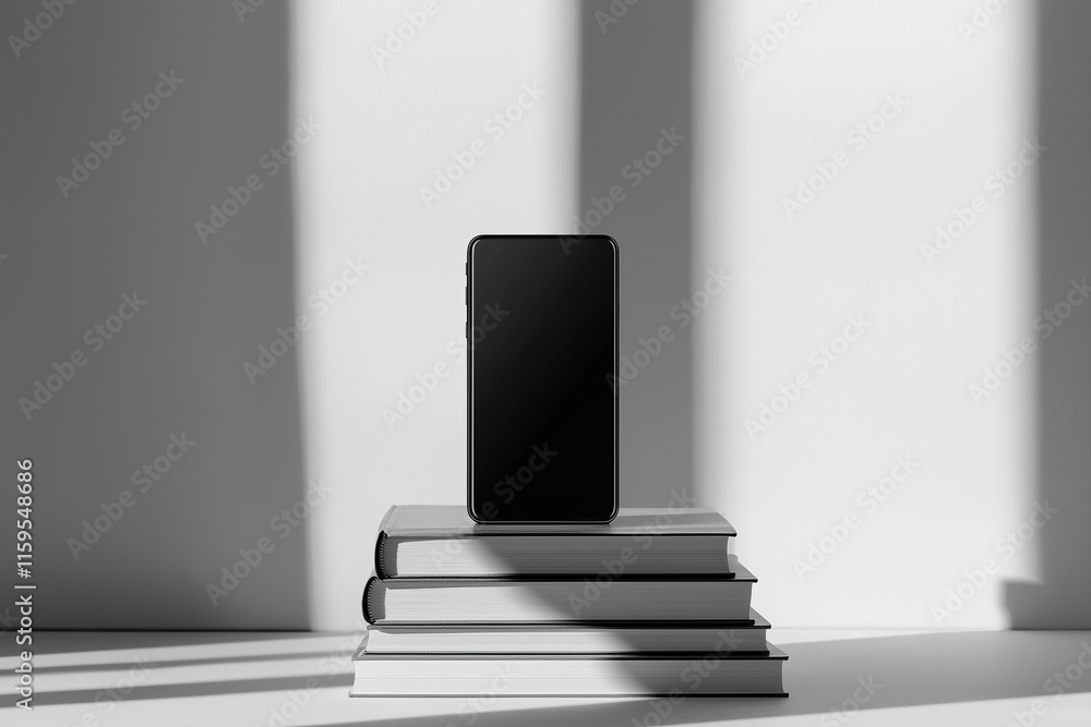 Aufkleber smartphone mockup displayed on a stack of books against a minimalist background with natural light c