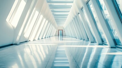 Modern empty corridor with big windows and sunlight passing through