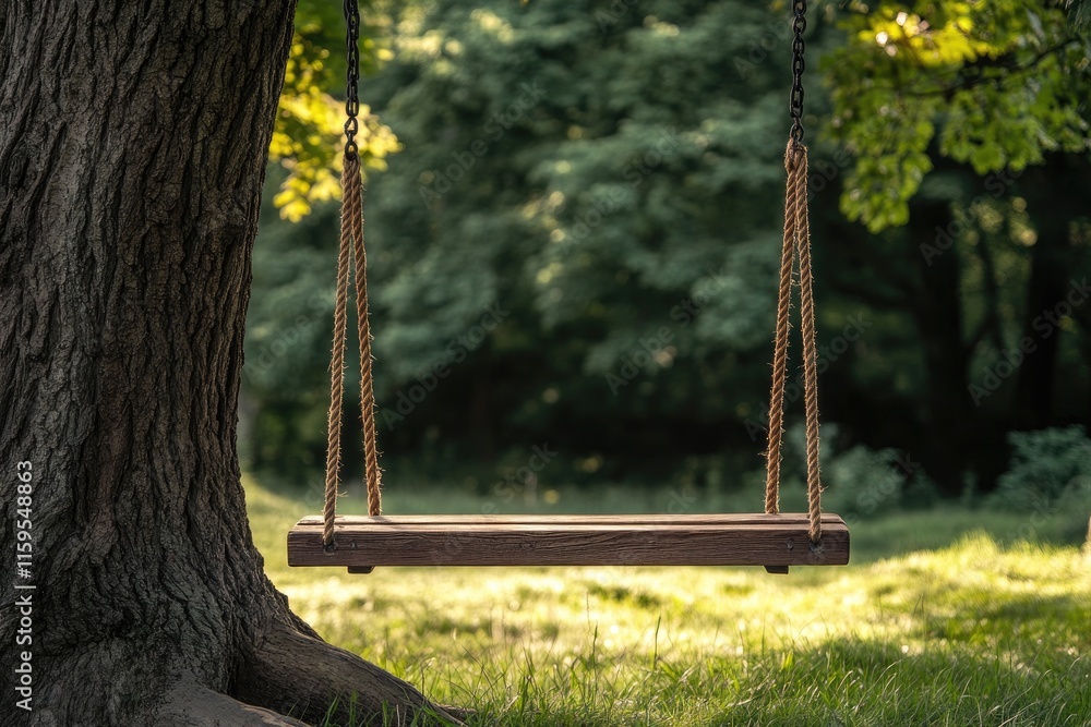 Poster empty swing hanging from a tree branch in a peaceful forest