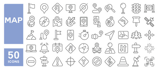 Set of 50 line icons related to map, location, path, navigation, geography, marker, satellite, compass, here, Editable stroke. Vector illustration