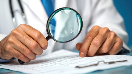 A doctor examines a document using a magnifying glass, emphasizing attention to detail in medical analysis or research.