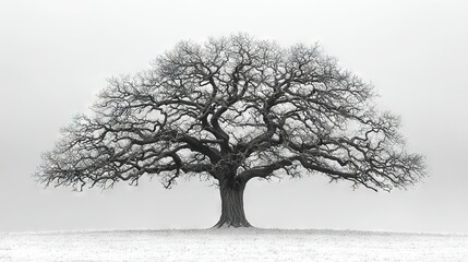 Obraz premium A monochrome image of a massive tree surrounded by snow-covered fields, featuring green grass in the foreground