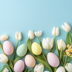 Pastel Easter eggs and white tulips on blue background. (1)