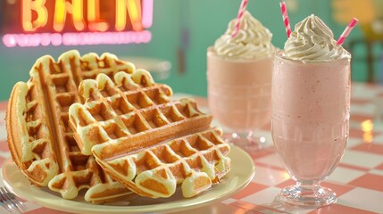Savor retro sunday brunch indulge in waffles and shakes at a vintage colorful  with inviting atmosphere