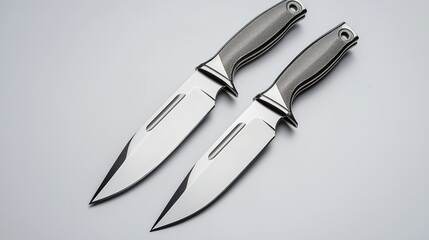 Obraz premium Two sleek, stainless steel knives with textured handles, positioned on a light backdrop, showcasing their sharp blades and elegant design.