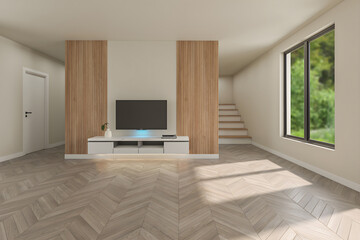 Fototapeta premium 3d rendering of an wooden floor empty room with stairs and wooden tv wall with cabinet