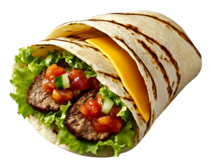 Delicious beef wrap with fresh vegetables fast food restaurant food photography bright kitchen close-up culinary experience