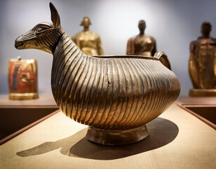 A metallic sculptural vessel in the shape of a stylized zebra or horse is displayed in a museum exhibition setting.