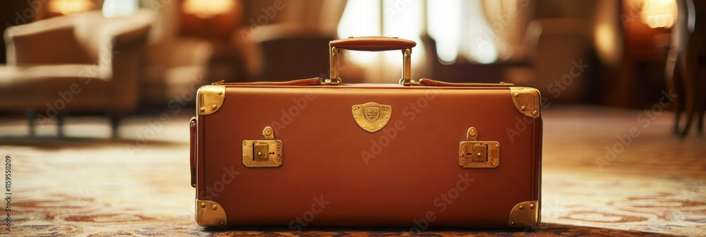 Poster luxurious leather suitcase with golden hardware in an elegant hotel setting. generative ai