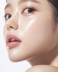 Close-up of flawless asian skin beauty studio macro bright lighting side profile skincare concept