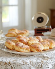 Elegant sunday brunch table setting with vintage-inspired delights cozy home atmosphere beautifully crafted baked goods