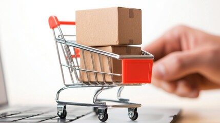 Online-Shopping-Konzept mit Handtippen und Einkaufswagen auf der E-Commerce-Site