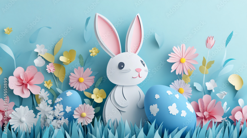 Poster Easter bunny with paper cut design enjoying springtime with colorful eggs and flowers in grassy setting