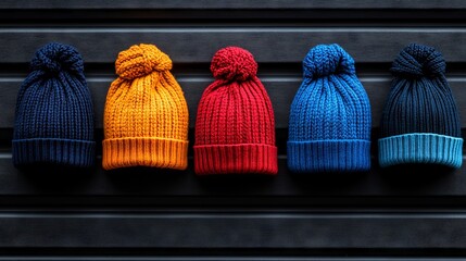 A row of colorful knitted hats lined up against a black wall